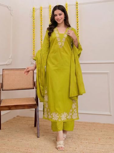 Image of ANNI Designer Pure Cotton Embroidered Kurta Set for Women | Rust Orange Kurta with Pants & Dupatta | Floral Neck & Hem Embroidery | Cotton Kurta Set for Women | 10 Colour Options Available