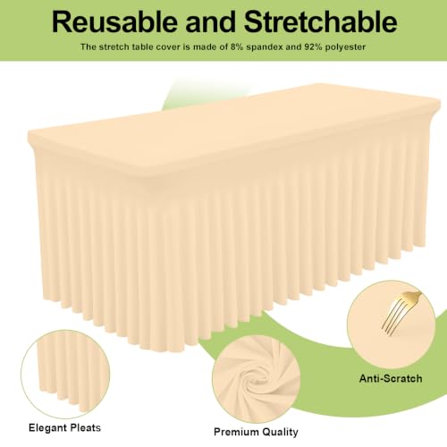 Image of Smiry Spandex Elastic Fitted Table Cloth Skirt for 8FT Rectangle Table | Stretch Washable Table Cloth, Banquet Table Cover for Wedding, Party, Indoor & Trade Shows, (Ivory, 96Lx30Wx30H)