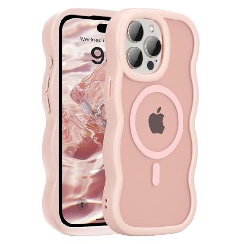UEEBAI Magnetic for iPhone 15 Pro Max Case, Cute Cover Compatible with MagSafe, Transparent Clear Wave Design Wavy Frame Matte Phone Case- Pink