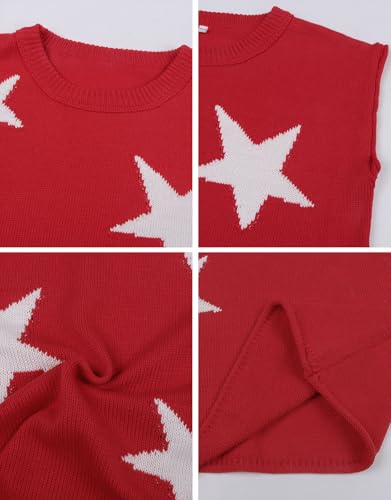 Image of Alsol Lamesa Women's Stars Pattern Cap Sleeve Sweater Vest 2024 Pullover Sleeveless Knit Crew Neck Tops, Small, 911 Red