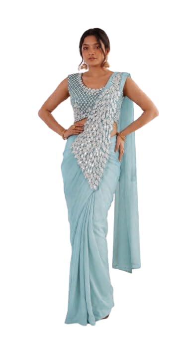 Ready to Wear Indo Western Drep Mor Saree Georgatte Fabric With Embrodery Sequance Work Bollywood Style-image-37