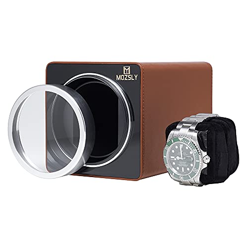 Image of MOZSLY Watch Winder for Automatic Watches Single Rotating Watch Box with Quiet Motor 12 Rotation Mode Setting Battery Powered or AC Adapter PU Leather