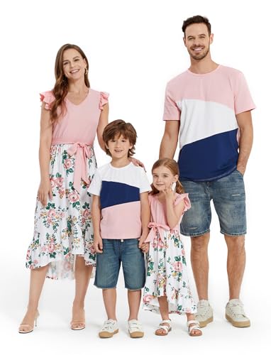 Image of PATPAT Family Matching Outfits Mommy and Me Outfits Floral Dress & Tee Sets | Couples Matching Outfits, Women Girl Flutter Sleeve Dress, Men Boy Cotton Blend T-shirts, Beach Vacation, Family Photoshoot