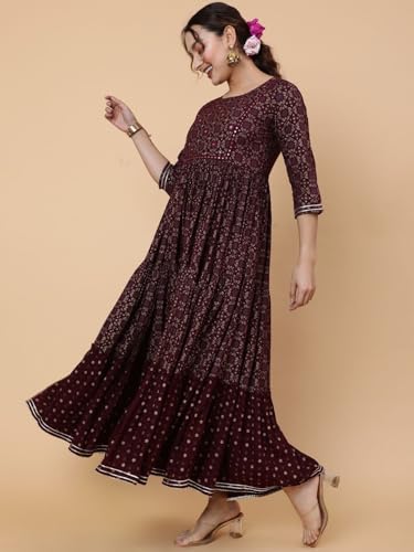 Image of Women Rayon Regular Fit Floral Printed Mirror Work Tiered Anarkali Kurta