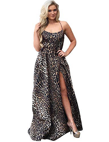 YIRENWANSHA Fashion Long Prom Dresses for Women Evening Dress Spaghetti Strap Party Gown High Slit Formal Ball Gown Sexy Leonbrd Size 10