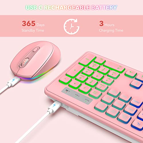 Wireless Keyboard And Mouse Backlit, Quiet Light Up Keys, Tilt Legs, Sleep Mode - Rechargeable Usb Cordless Combo For Computer, Mac, Pc, Laptop - By Sablute, Pink #TOP2