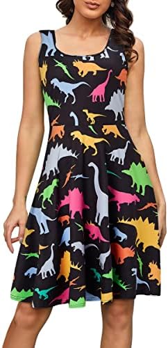 Fanient Womens Dinosaur Print Dress Summer Fun Dress Casual Sleeveless Midi Dress S