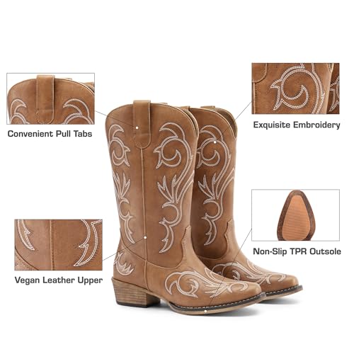 DREAM PAIRS Women's Cowboy Boots Mid Calf Cowgirl Boots Square Toe Chunky Heel Embroidery Stitched Western Boots2