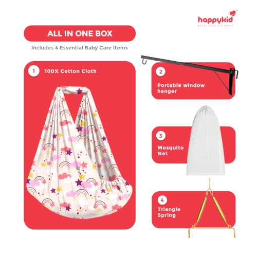 Image of Happykid Baby Cradle Set | Durable Cotton Cloth, Mosquito Net, Spring, Triangle and Window Hanger (Purple, Without Bed)