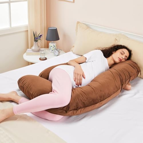 Image of Amazon Basics Full Body Pregnancy Pillow for Maternity,Baby Nursing,Full Body Support-Abdomen,Hip,Spine,Neck&Leg Support Cushion| Perfect Baby Shower Gift |J-Shaped-Washable Cover with Zip - Brown