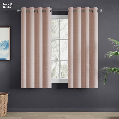 Image of haus & kinder Jacquard Window Curtains 5 Feet Long Pack of 2 Window Curtains, 5 Feet Curtains for Window (Blush Daisy, Blush Abstract Geometric Design 130x152 CM)