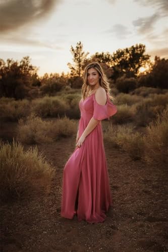 Women Chiffon Long Bridesmaid Dresses Ruffle Sleeve Slit Formal Evening Party Gown with Pocket TB953