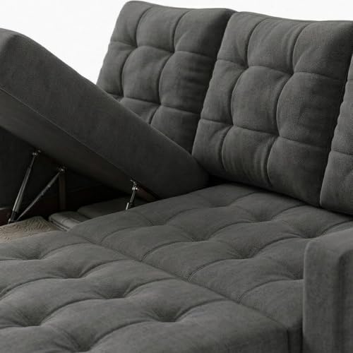 Image of CASASTYLE Sumur 5 Seater LHS L Shape Sofa with Pull Out Bed, Storage Lounger & Suri Pouf Ottoman | Soft Velvet Suede Fabric | Comfort Cushions | Ideal for Living Room, Hotel & Office (Dark Grey)