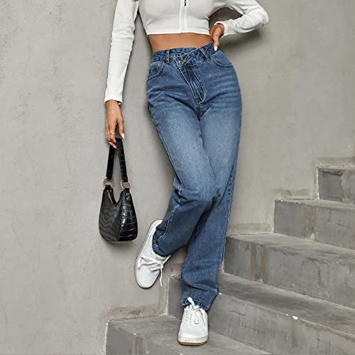 Y2K Straight Leg Mom Jeans for Women High Waist Baggy Loose Fit Cross Asymmetrical Waist Boyfriend Denim Jeans4