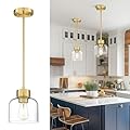 Audickic Gold Pendant Lights Kitchen Island, 7" Hanging Lights Fixtures with Clear Glass Shade, Modern Brass Kitchen Pendant Lighting Over Island for Dining Room, AD-24024-1P-GD