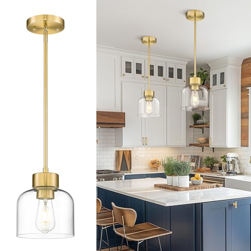 Image of 7 inch Brushed Gold Pendant Lights Kitchen Island, Clear Glass Shade | Modern Brass Hanging Light Fixture Over Island for Dining Room, Adjustable Height, E26 Base, AD-24024-1P-GD