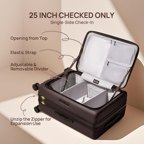 Image of NINETYGO Medium Checked Luggage 25 Inch, Flat Top Opening Check In Luggage with Cup Holder, Expandable, Coffee-Infused PC Hard Shell, Eco-Friendly, TSA Lock, 360 Spinner Wheels (Latte)