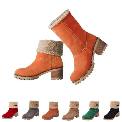 Image of Women's Suede Fur Lined Mid Calf Chunky Heel Ankle Boots (Orange,6)