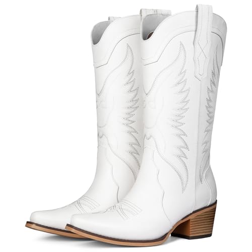 Pasuot Western Cowboy Boots for Women - White Cowgirl Boots with Pointed Toe Mid Calf Chunky Heel Snip Toe Boot with Classic Retro Embroidery Country Style for Ladies Rodeo Concert US 8