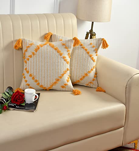 Image of TIB Premium Boho Decorative Throw Cushion Covers, 16 x 16 cm, Set of 2, Cotton. (Beige & Golden)