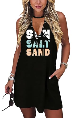 Image of Sun Salt Sand Coconut Tree Tank Mini Dress for Women Sleeveless Beach Praty Shirts Summer Vacation Short Mini Dresses