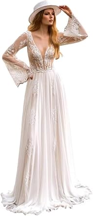 Womens Long Sleeve V Neck Tulle Wedding Dresses A Line Lace Appliques Chiffon Bridal Gown SF057