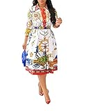 VERWIN Three-Quarter Sleeve Print Lapel Pullover Women's Day Dress A-Line Pleated Dress Midi Dress M...