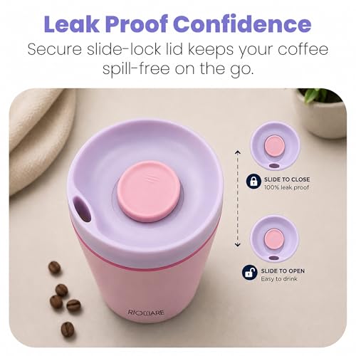 Image of Rioware Vacuum Insulated Coffee Mug Travel Tumbler for Men | Tea Thermos Flask Mugs | Temperature Control Traveling Spill Proof Sipper Bottle | Hot 8 Hrs & Cold 12 Hrs - 350ml - Pink