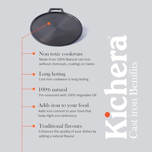 Image of Kichera Pre Seasoned Single Handle Cast Iron DosaTawa | Roti Pan 11 Inch | Non-Stick Cookware for Perfect Dosa & Roti 28cm Diameter, 2.1kg | Induction Friendly | Pure & Toxin-Free