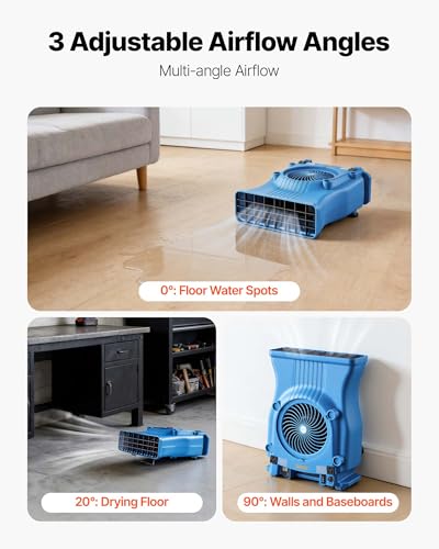 Image of VEVOR Blower Fan, Low Profile Air Mover Carpet Dryer, 1000 CFM, 2 Speeds, Multi-Angle Airflow, Lightweight Portable for Crawlspaces, Attics, Basements, Bathrooms, Water Damage Restoration, Blue