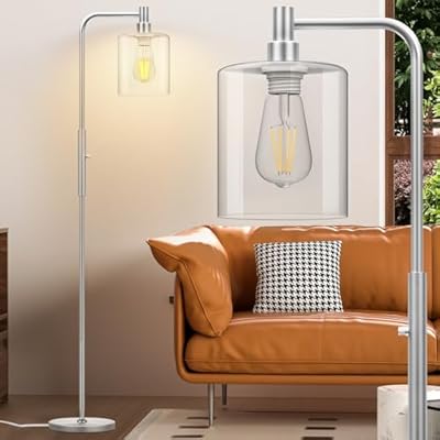 CNXIN Stepless Dimmable Floor Lamps with Glass Lampshade Modern Standing Lamps with 6W LED Bulb Bright Corner Lamp Tall Pole Lamps for Living Room Bedroom Office Study Room Farmhouse, Silver