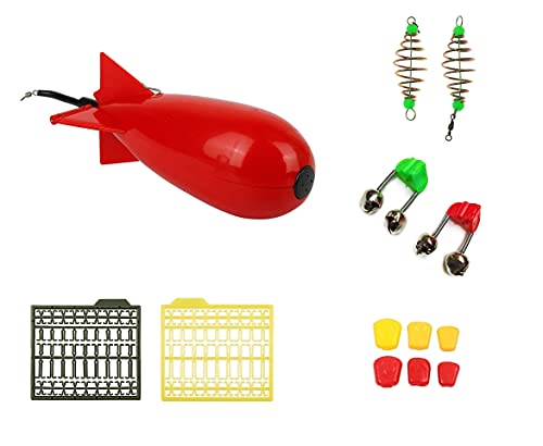Rocket Carp Fishing Feeder Large Spod Bomb Bait Pellet, 2 Pcs Spring Fishing Feeder, 6 Pcs Fake Corn Red And Yellow, 2 Pcs Cards Boilie Bait Stops, 2 Pcs Rod Bait Alarm