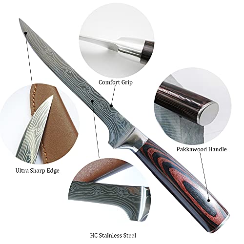 Sundiao Premium Boning Knife With Sheath & Pocket Knife Sharpener 6 Inch High Carbon Stainless Steel Japanese Fillet Knife Professional Trimming Knife For Meat, Fish, Deboning #TOP2