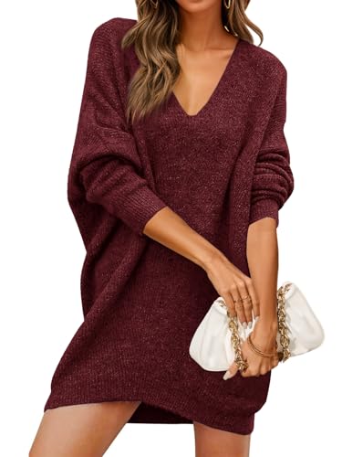 Saodimallsu Pulloverkleid Damen V-Ausschnitt Übergroßes Strickpullover Elegant Warm Rippstrick lässig lockere Freizeitkleid für Herbst Winter...