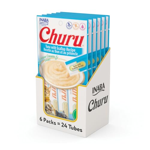 Image of INABA Churu Cat Treats, Lickable, Squeezable Creamy Puree Cat Treat with Green Tea Extract & Taurine, 0.5 Ounces Each Tube, 24 Tubes (4 per Pack), Tuna with Scallop Recipe