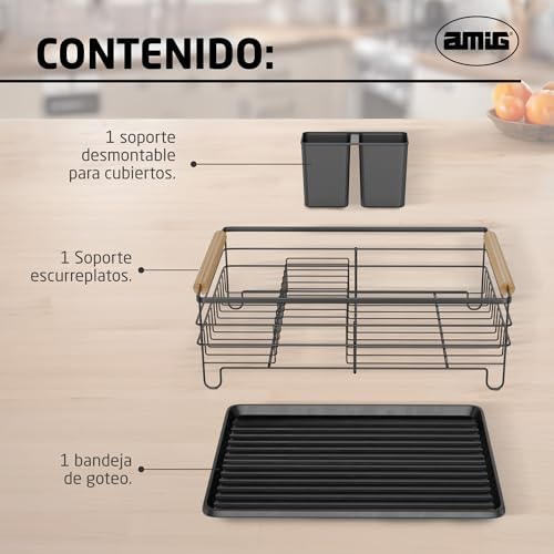 Miniatura 5 de Amig - Escurreplatos Graz - 42 X 31,5 X 15 Cm - Acero Con Mango De Madera - Color Negro - Escurreplatos Con Bandeja De Goteo Y Soporte Para Cubiertos - Capacidad 10 Platos Y 6 Vasos - Diseño Moderno