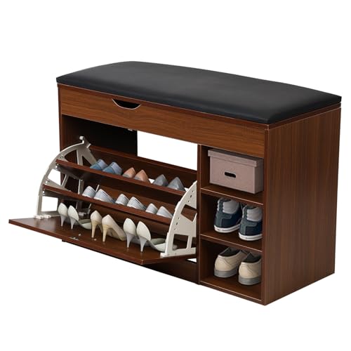 Banc d'entrée avec rangement chaussures et coussin noir à 3 niveaux