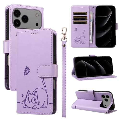 Étui iPhone 14 Pro Max violet en cuir avec motif chat et papillon