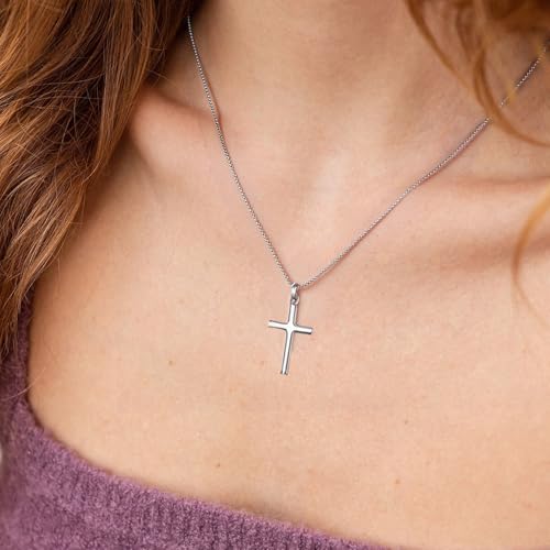 Small Cylindrical Cross Pendant Necklace 925 Sterling Silver for Women with 18", 20" Sturdy Chain 14K White Gold Plated 6