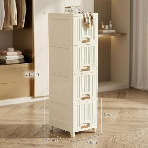 Image of Multipurpose Foldable Drawer Cabinet Organizer - Plastic Storage Cupboard with Double Door & Wheels | Clothes Rack, Kids Wardrobe for Home, Kitchen, Office (Ivory Drawer) 4 Layer