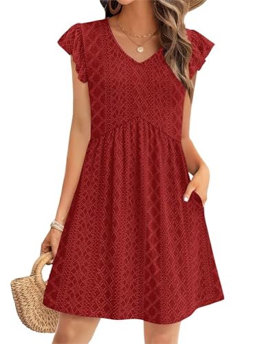 Image of OFEEFAN Summer Dresses for Women Beach Vacation Clothes V Neck Ruffle Sleeve Babydoll Dress Elegant Classy Sundress
