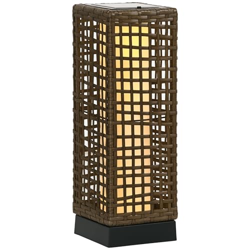 Outsunny Linterna de Jardín de Ratán Sintético Farola Solar con Luces LED Encendido y Apagado Automático para Terraza Balcón Patio 15,5x15,5x46 cm Arena