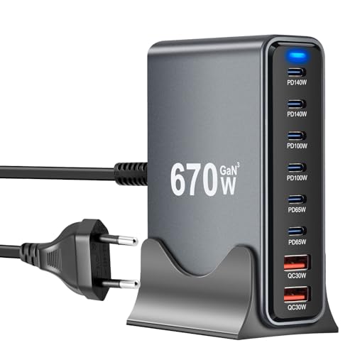 8 en 1 & 670 W USB C cargador múltiple, cargador rápido USB GaN III USB múltiple con 6 x USB-C + 2 x USB-A, cargador Power Delivery, estación de carga USBC para MacBook Pro/Air, iPhone, iPad, Samsung