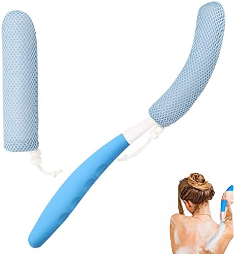 15.35" Back Bath Brush with Sponge,Back Scrubber Bath Mesh with Anti-Slip Curved Long Handle Bath Body Brush for Elderly Aid Bathing and Shower