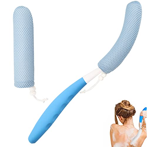 15.35" Back Bath Brush With Sponge,Back Scrubber Bath Mesh With Anti-Slip Curved Long Handle Bath Body Brush For Elderly Aid Bathing And Shower #TOP1