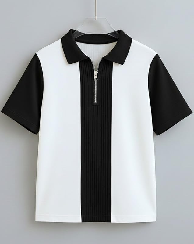 Image of AUSK Men's Textured Vertical Striped Knit Polo T-Shirt | Half Sleeve Zipper Neck Self-Design Casual Tee | Mens Tshirts