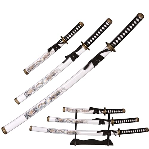 Handgefertigtes geschmiedetes Schwert Samurai Schwert Katana 3-teiliges Set Weiß mit Display Stand Nicht scharf