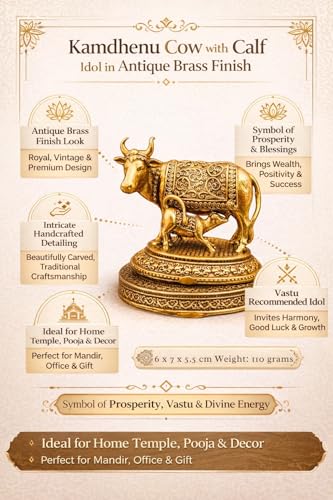 Image of Kamdhenu Cow with Calf Idol in Brass for Home Temple | Gau MATA Murti for Pooja, Vastu & Prosperity | Small Decorative Cow Statue for Office, Gift & Spiritual Decor (6 x 7 x 5.5 cm, 110 gm)