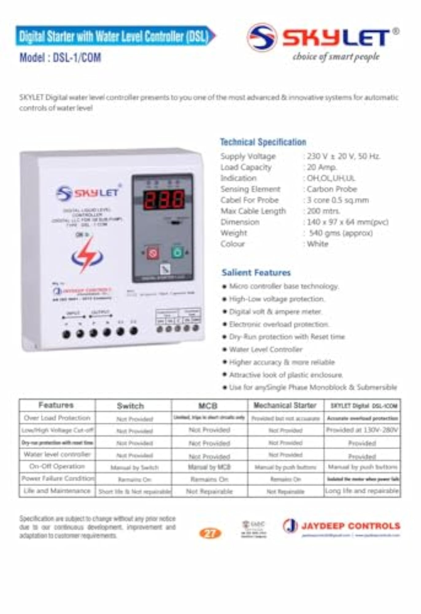 Digital Starter with Water Level Controller, 20A
