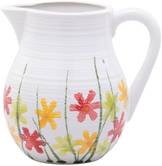 Napco Floral Meadow Pitcher Vase – 6.5 Inch Ceramic Watering Pitcher with Colorful Red, Yellow, and Orange Wildflower Design, Decorative Farmhouse-Style Vase for Spring and Summer Home Décor